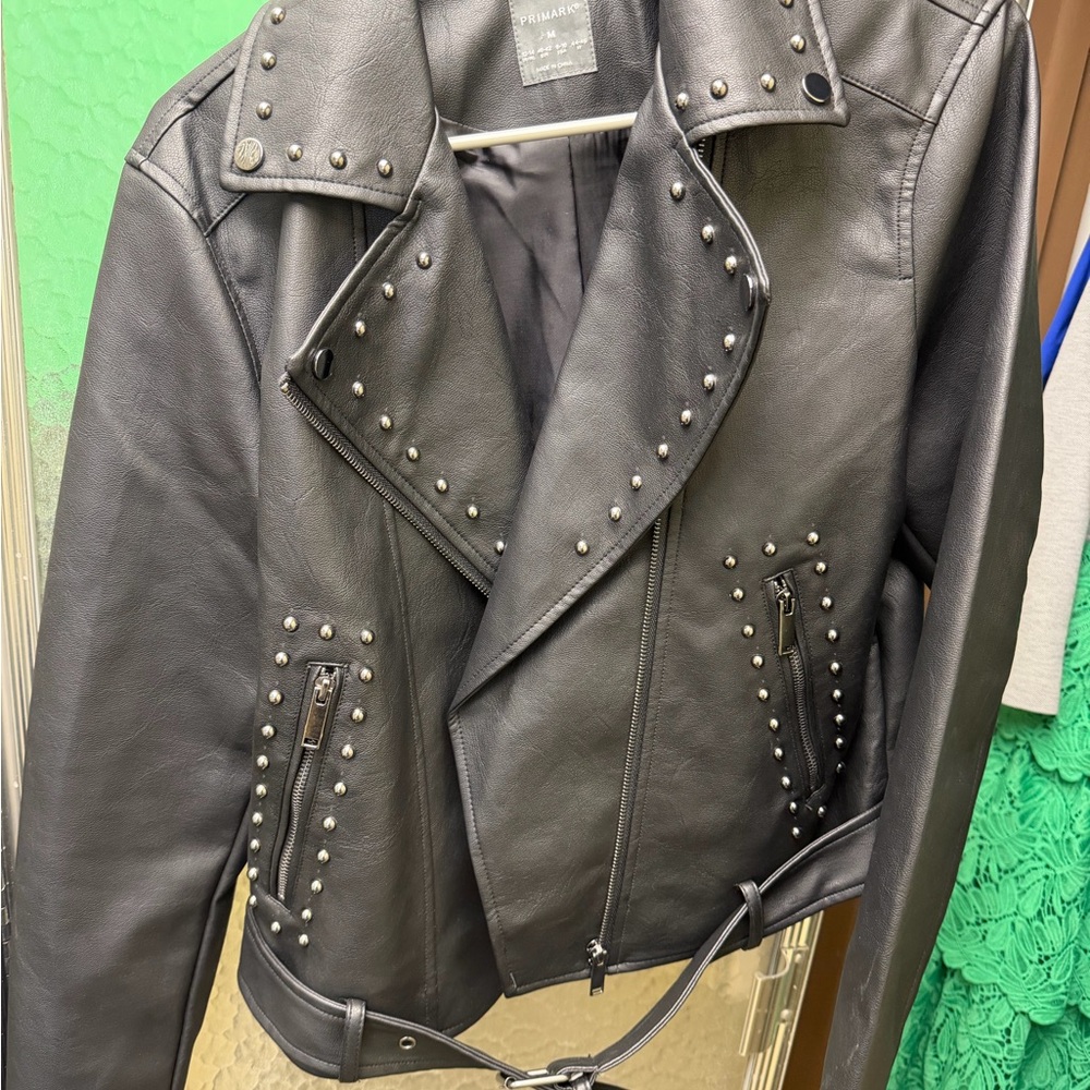 Primark Black Studded Faux Leather Biker Jacket with Belt size medium